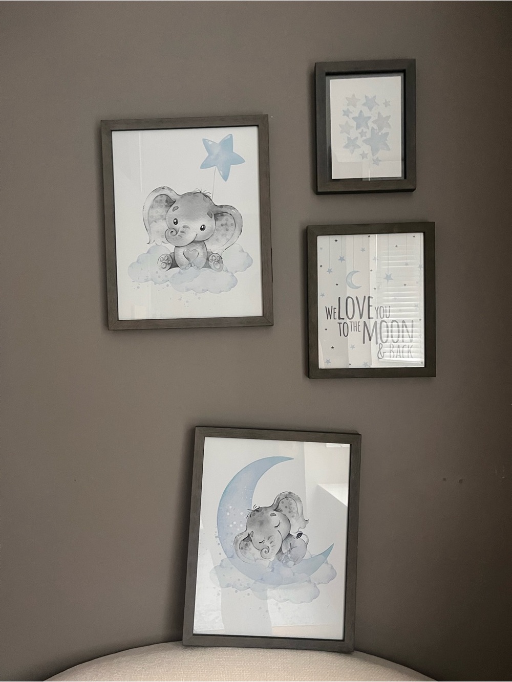 Nursery Wall Art Set - Gray & Blue Elephant & Moon with Frames - 4 pieces